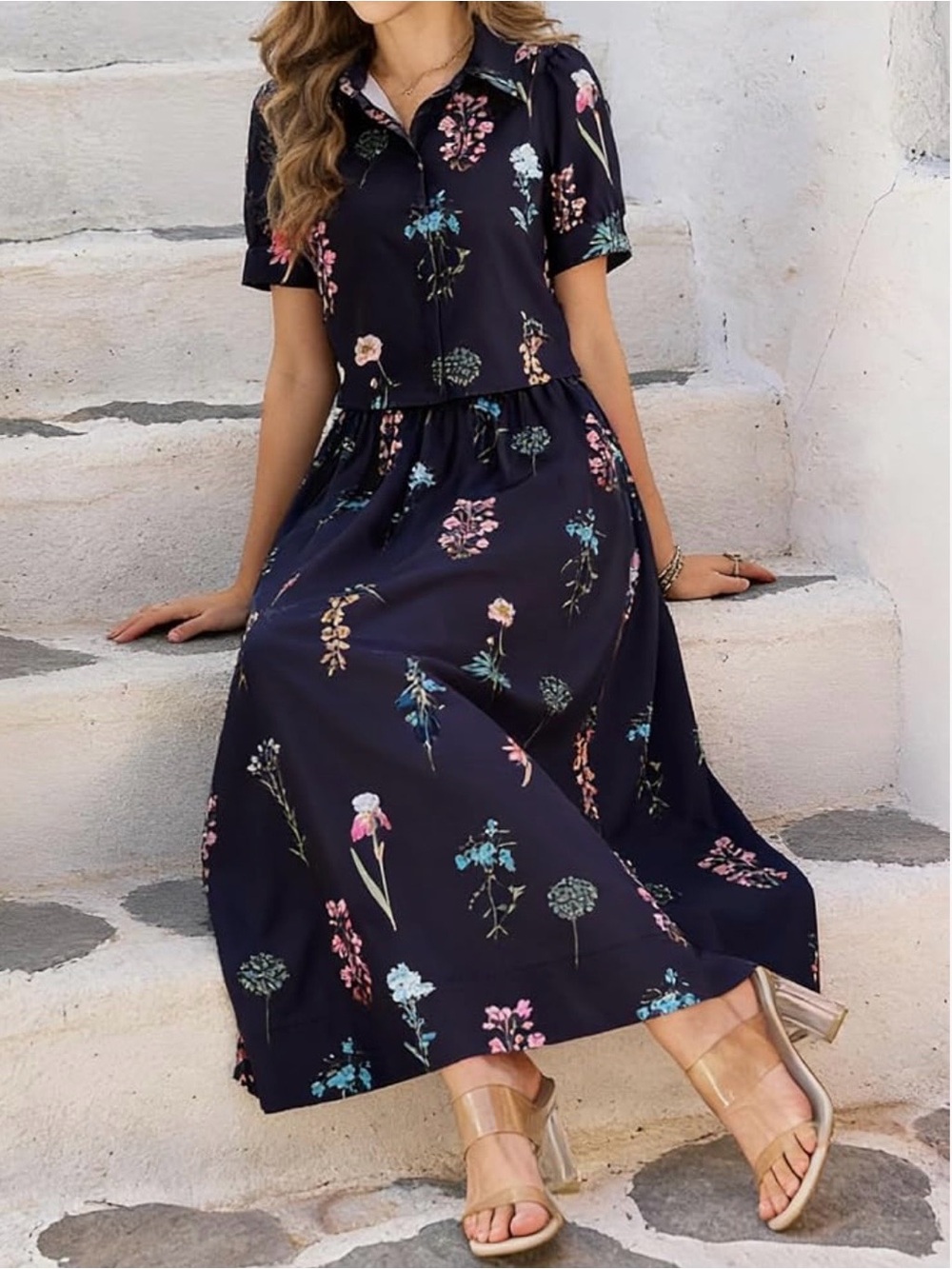 Floral Button-Front Navy Maxi skirt set size M